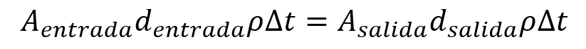 Área de entrada por diámetro de entrada por densidad por diferencial de tiempo es igual al área de salida por diámetro de salida por densidad por diferencial de tiempo
