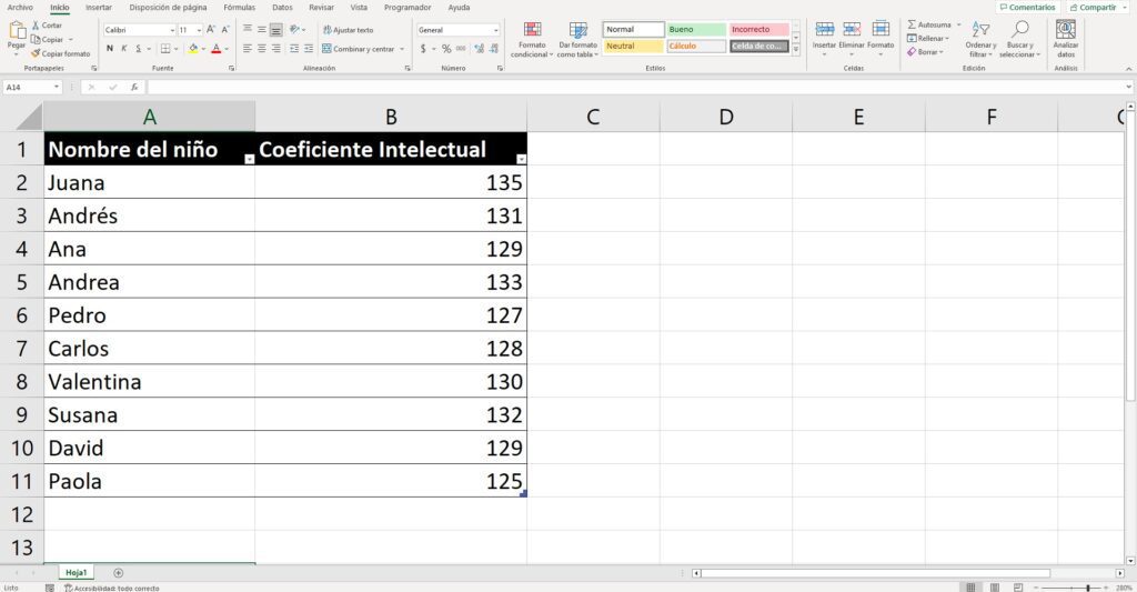 Ejemplo desviación estándar en Excel